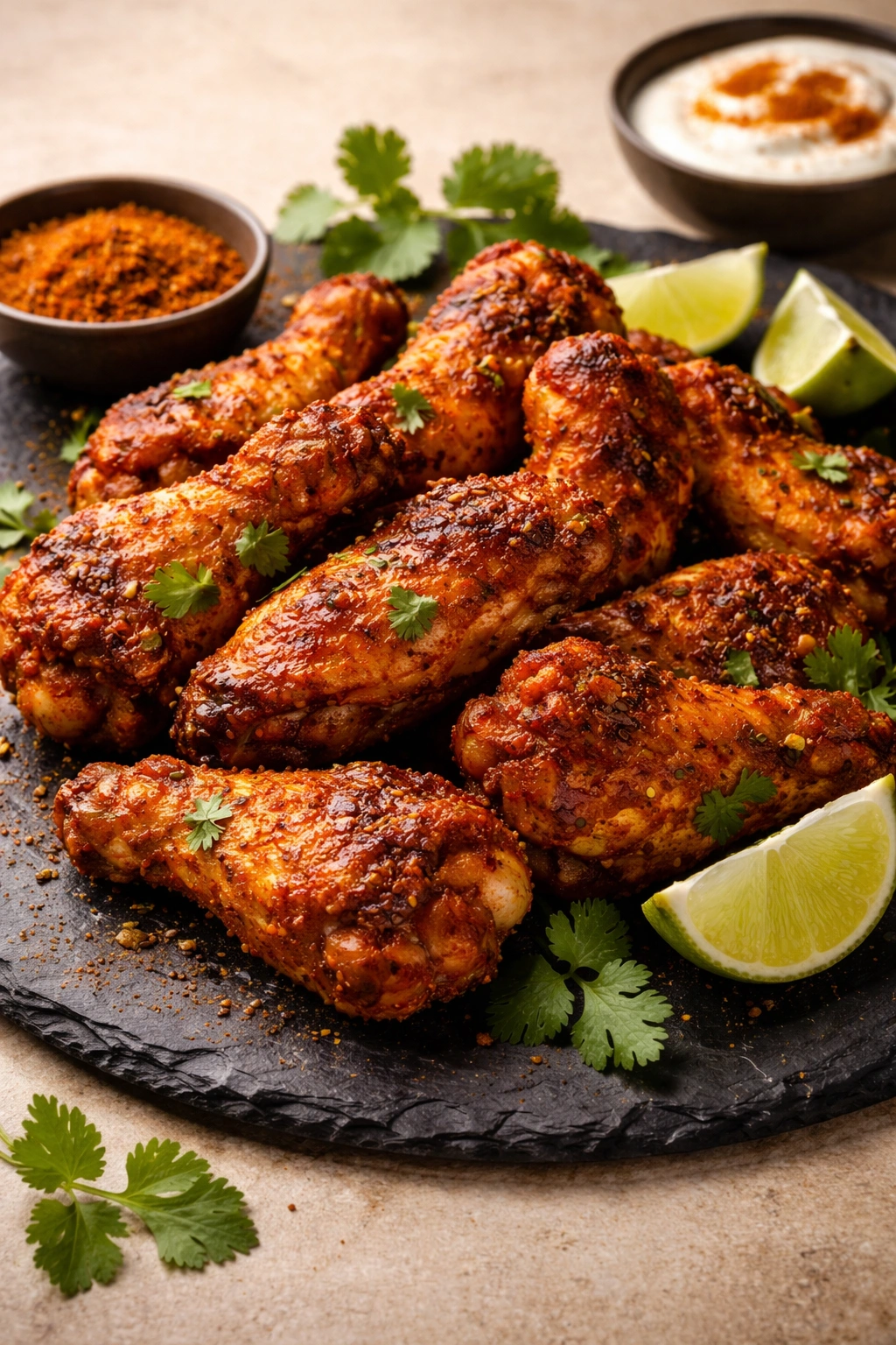 Close-up of tandoori spiced wings on a dark slate plate, crispy and vibrant orange.