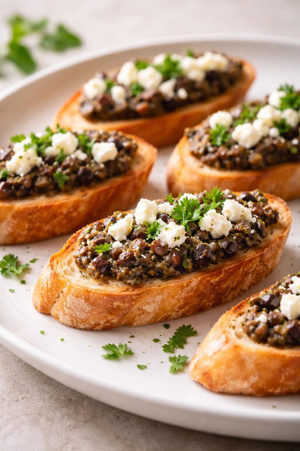 Crostini with olive tapenade and feta cheese on a neutral plate