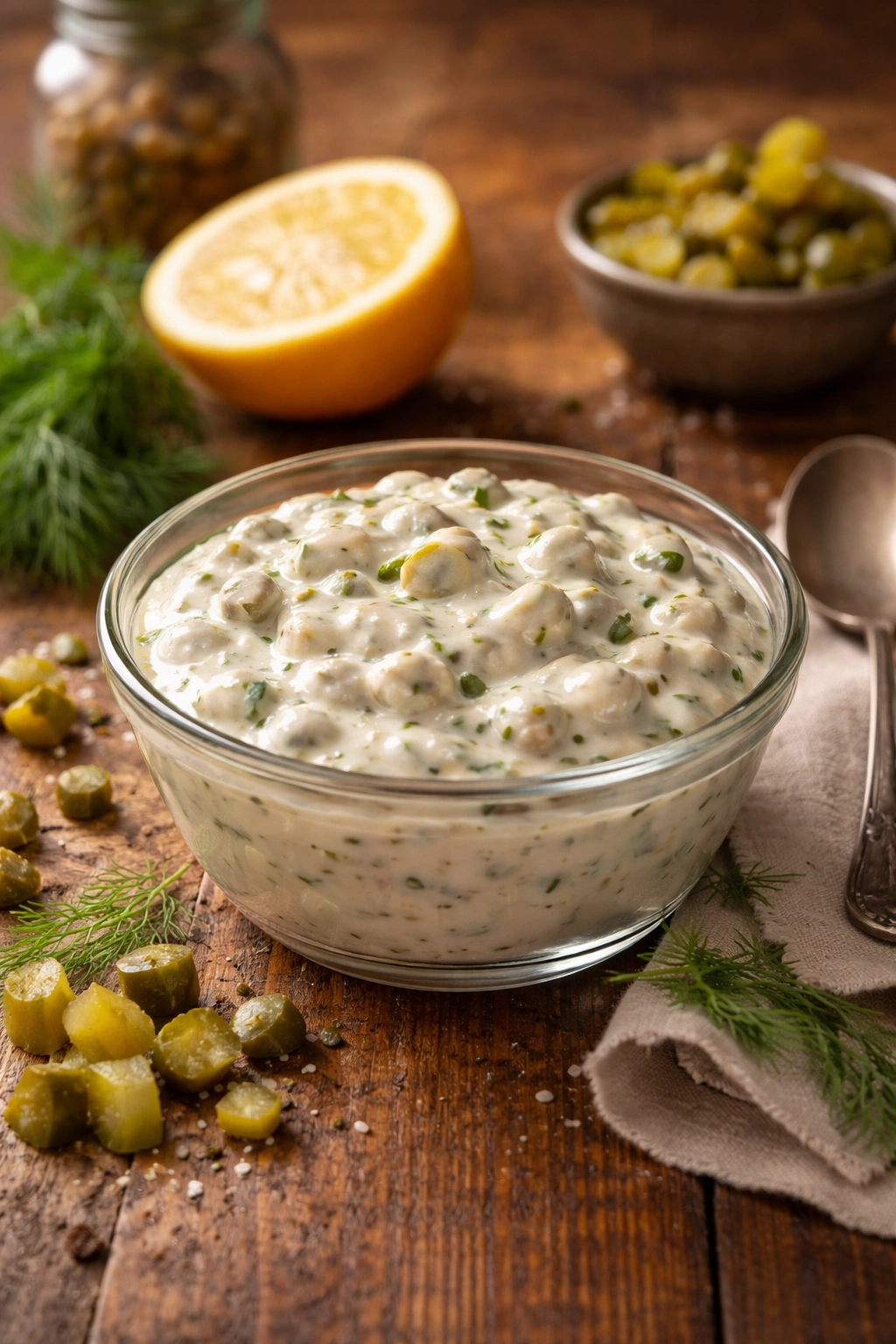 Tartar sauce in a glass bowl on rustic wood with warm lighting