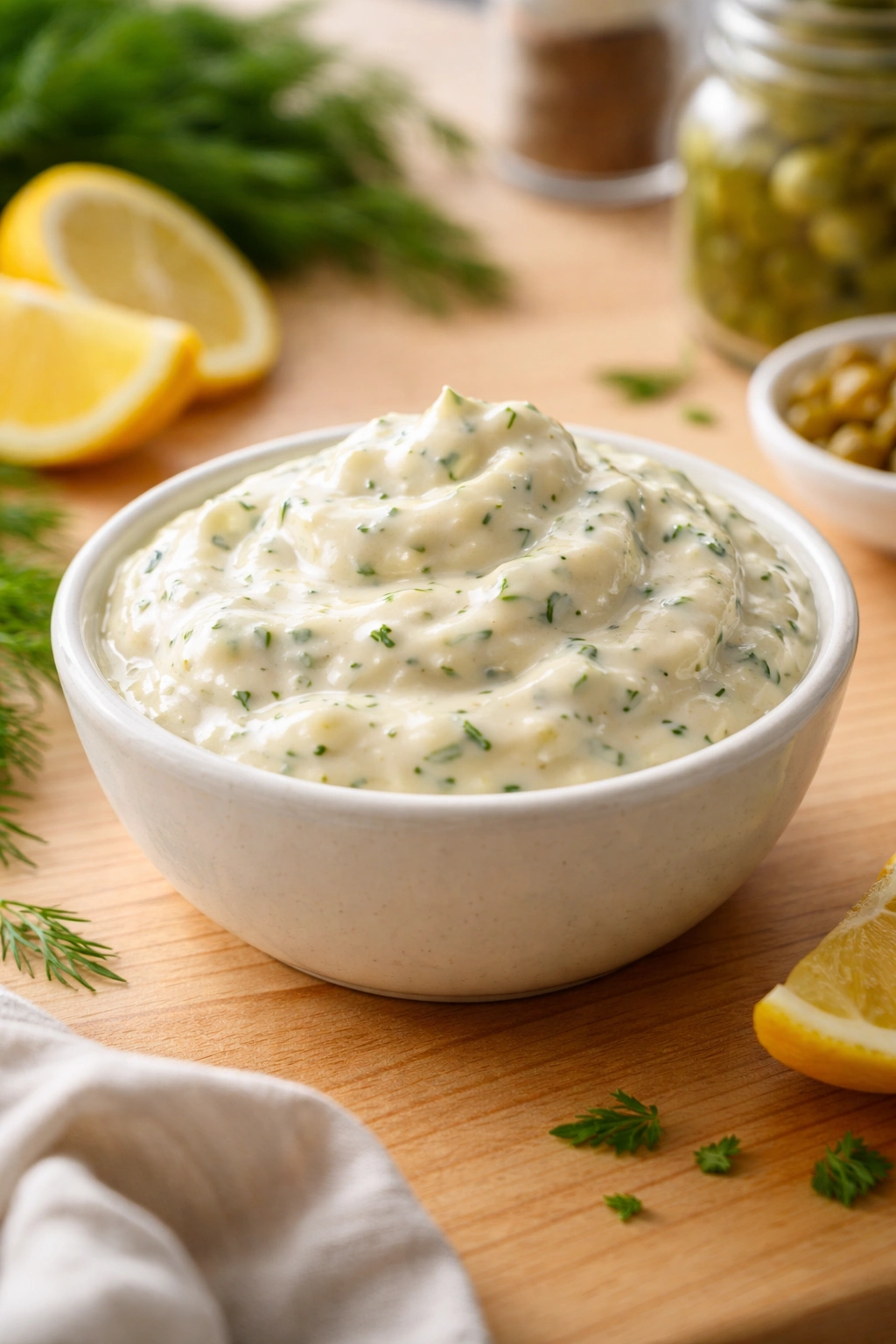 Close-up of homemade tartar sauce in a small bowl with herb flecks