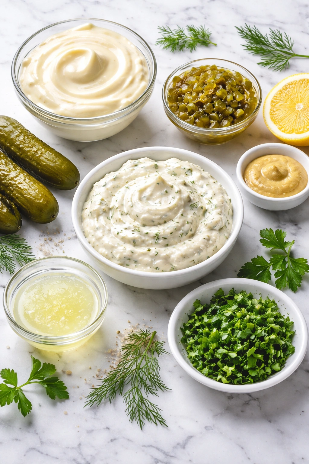 Tartar sauce with dill and parsley flecks in a bowl on marble