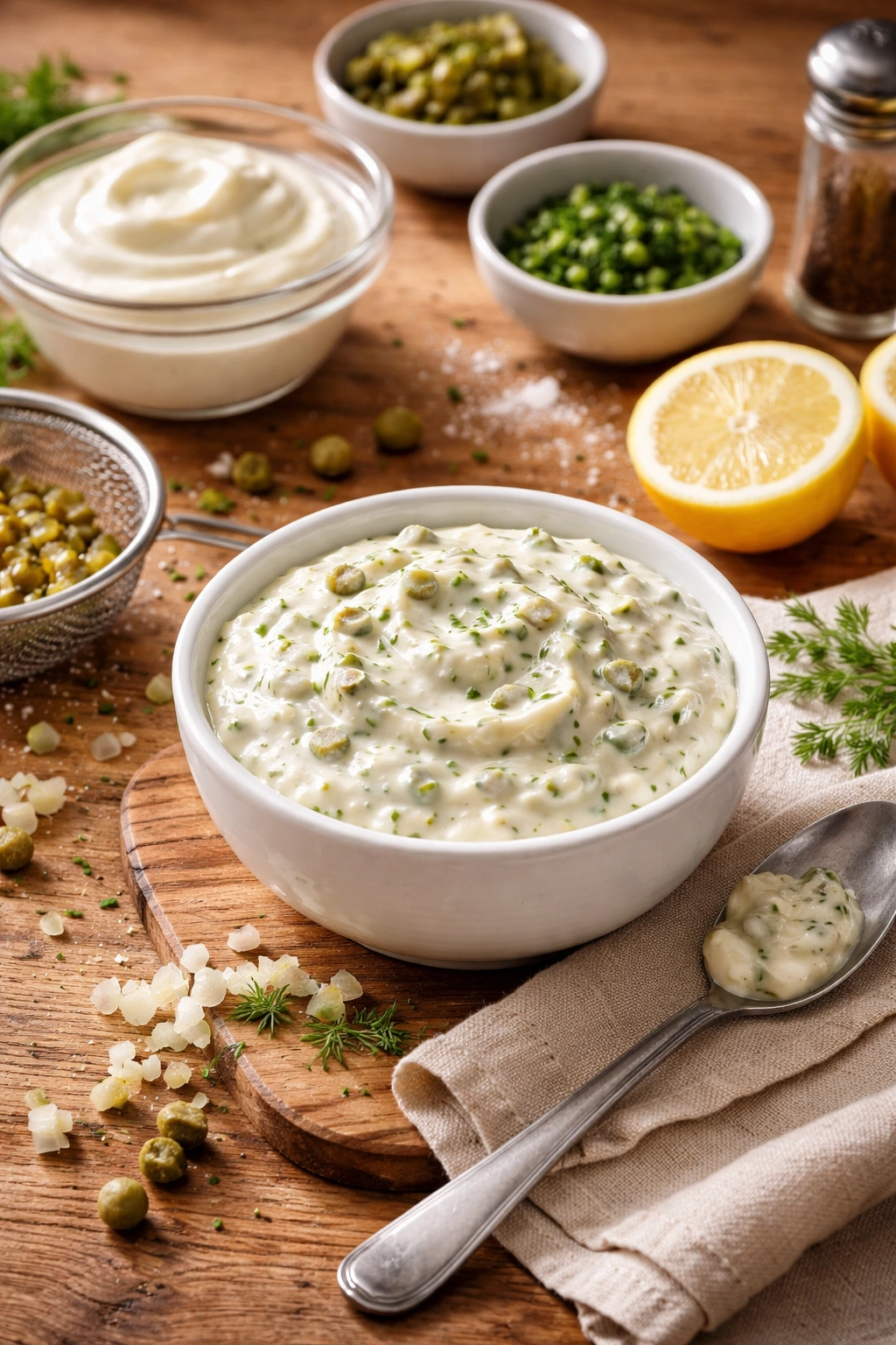 Smooth tartar sauce in ceramic bowl on wooden counter