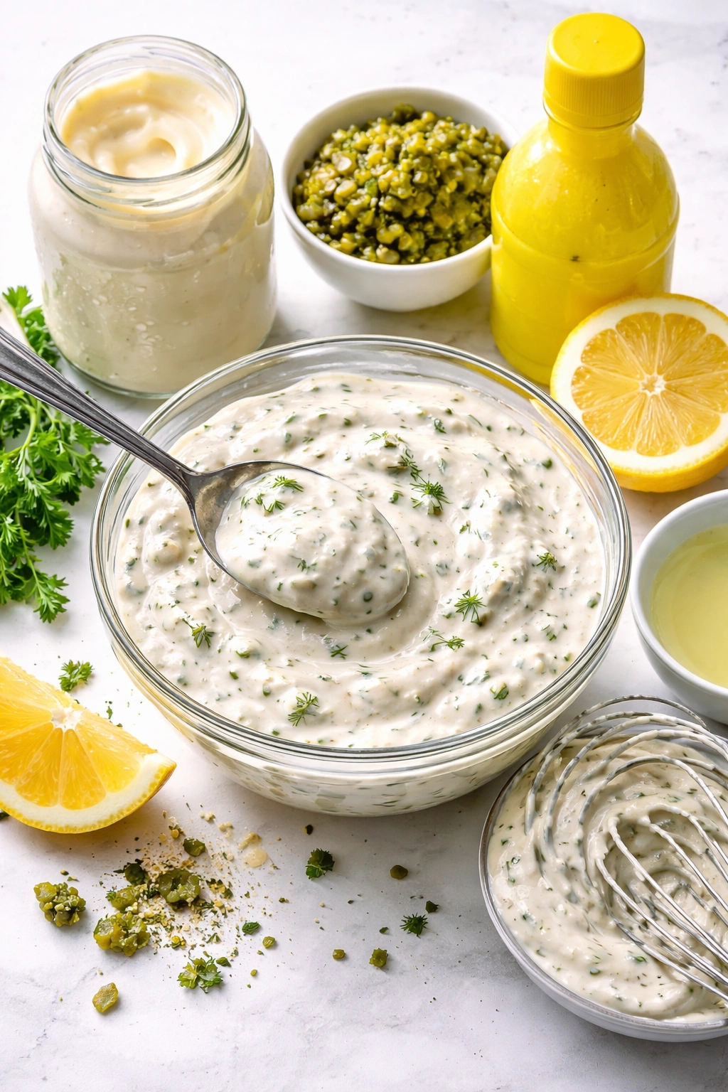 Tartar sauce close-up showing herb flecks