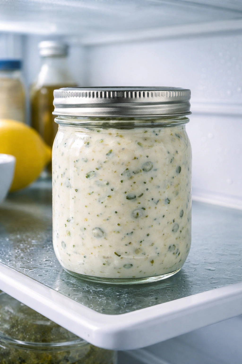 A jar of tartar sauce stored in the fridge in an airtight container