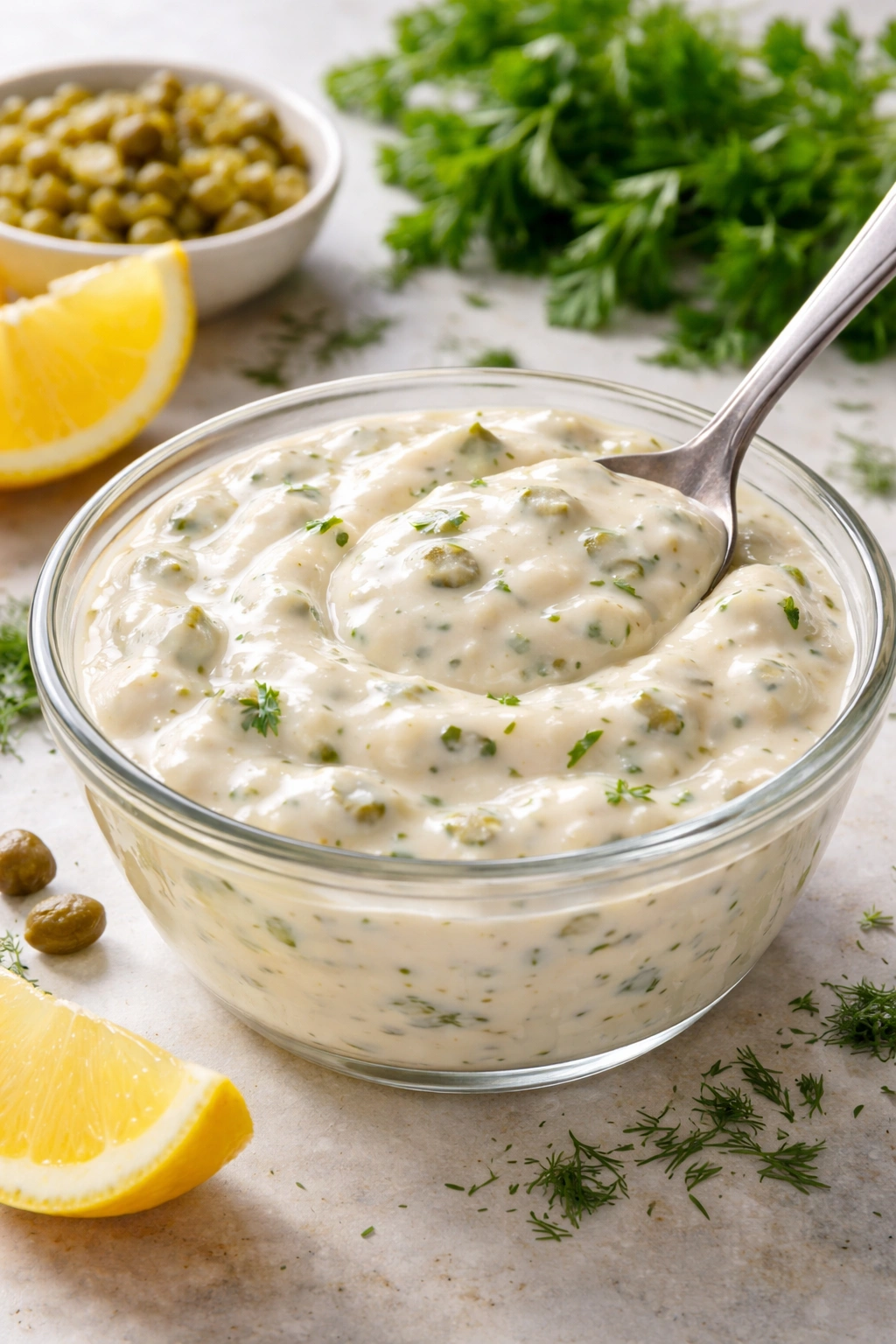 Restaurant-quality tartar sauce close-up with herb specks