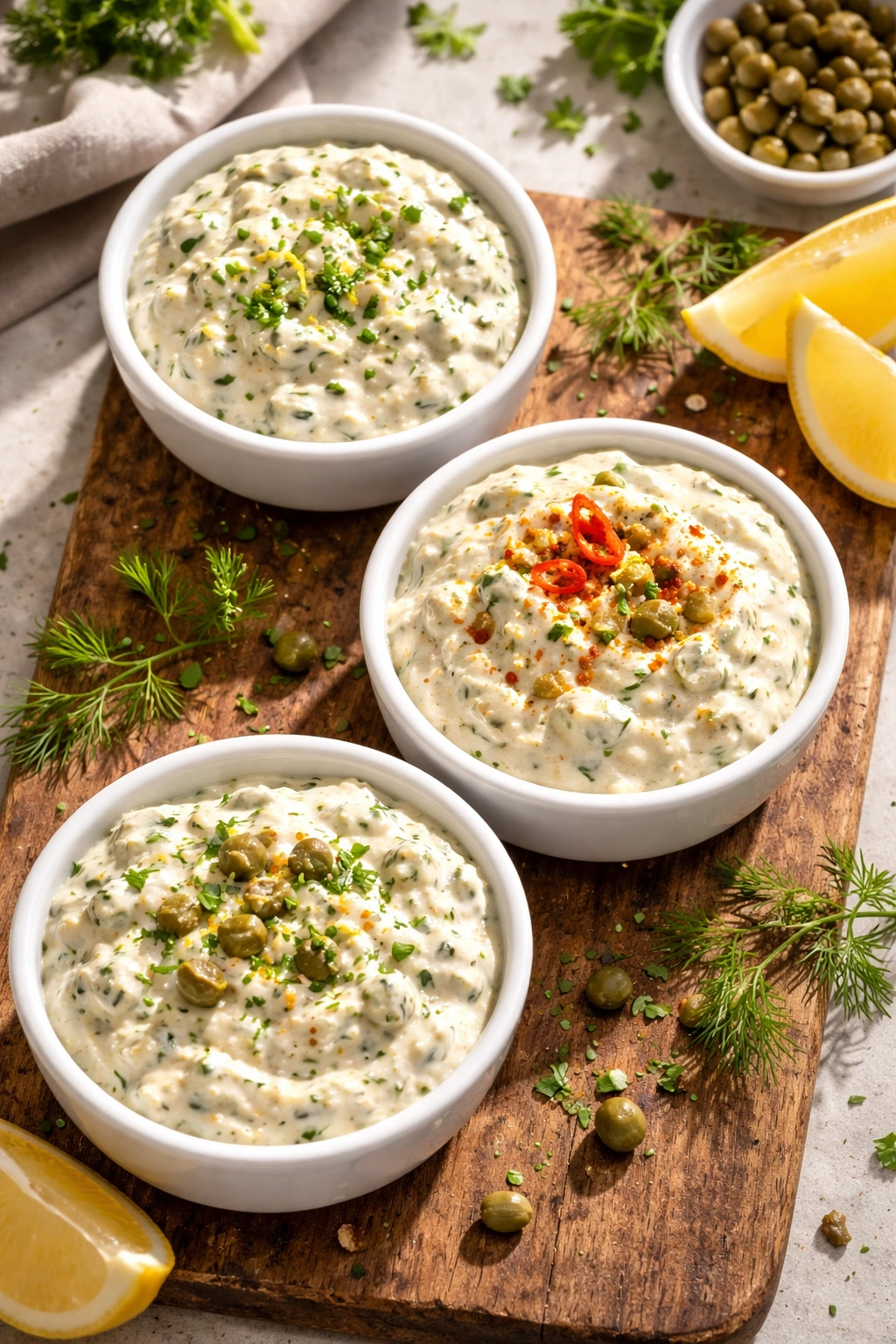 Three bowls of tartar sauce variations with dill, capers, and relish on wood