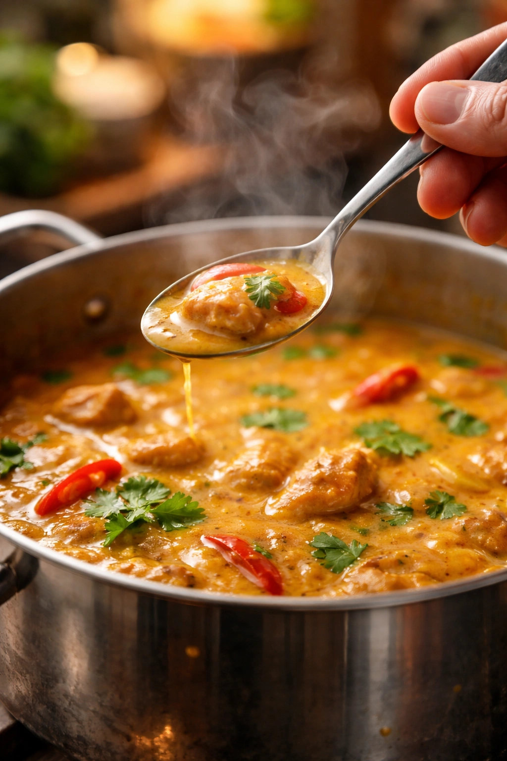 Spoon tasting curry with steam in a warm kitchen