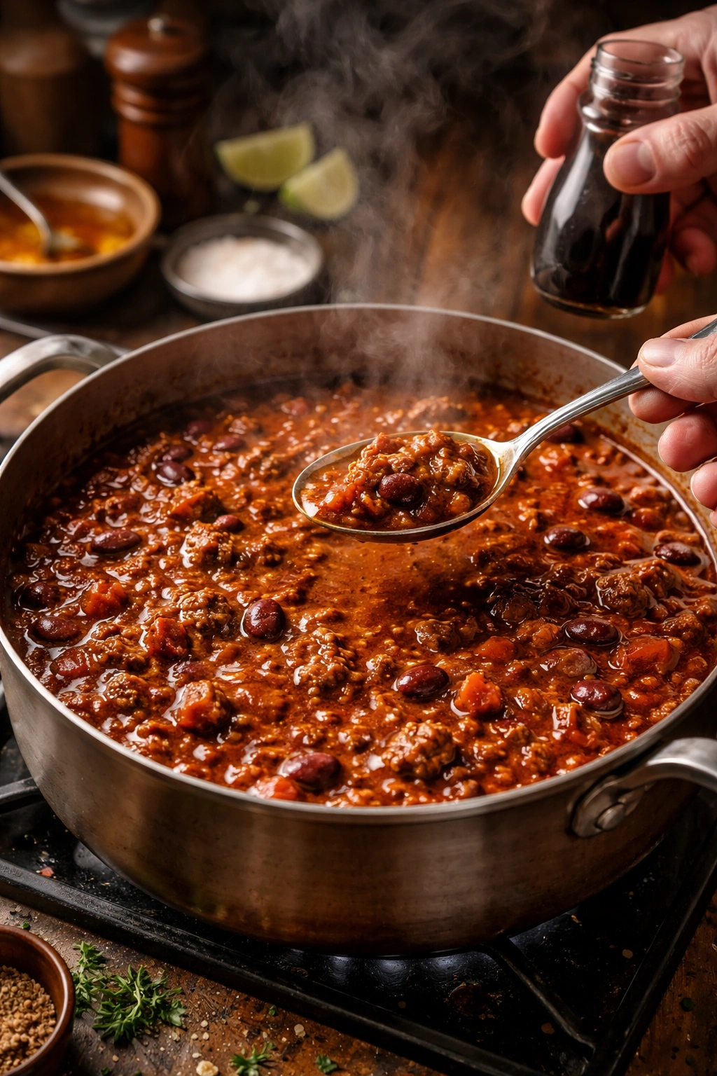 Chili in a pot with rich color and rising steam.