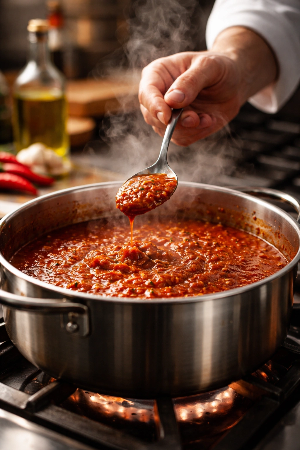 Close-up of a chef tasting a simmering tomato sauce in a heavy pot