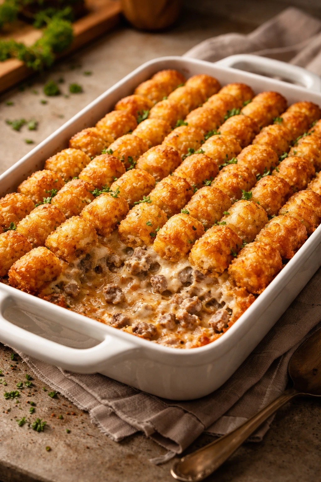 Casserole topped with golden tater tots bubbling around the edges