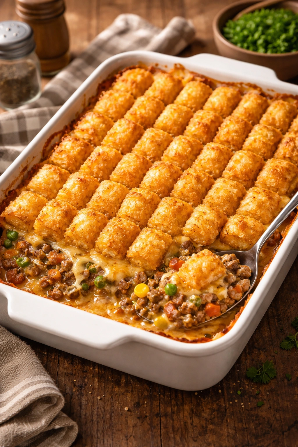 Layered tater tot casserole with crispy tots on top and cheese