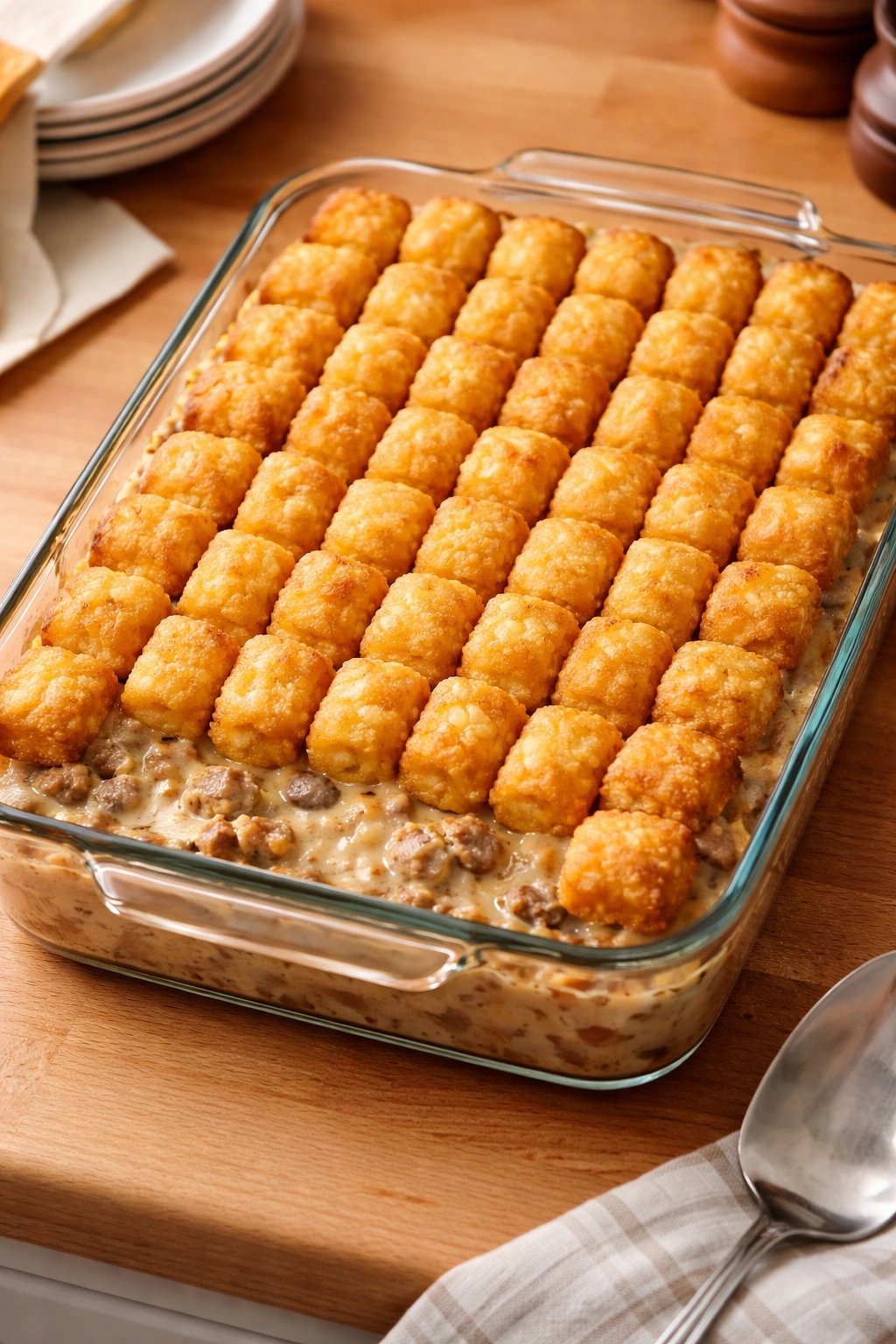 Rectangular dish with golden, crispy tater tots on top of creamy hot dish.