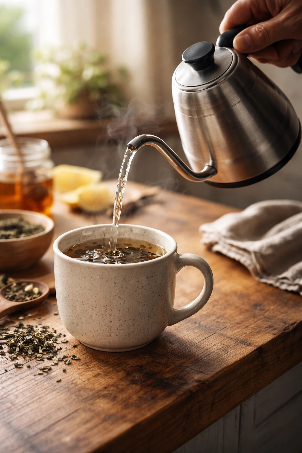 Hand pouring tea from gooseneck kettle into mug
