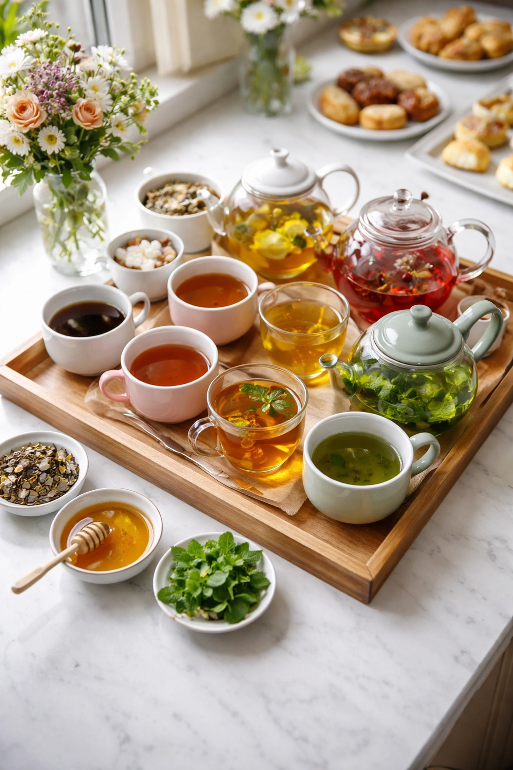 Tea station with multiple teapots and cups on a wooden tray