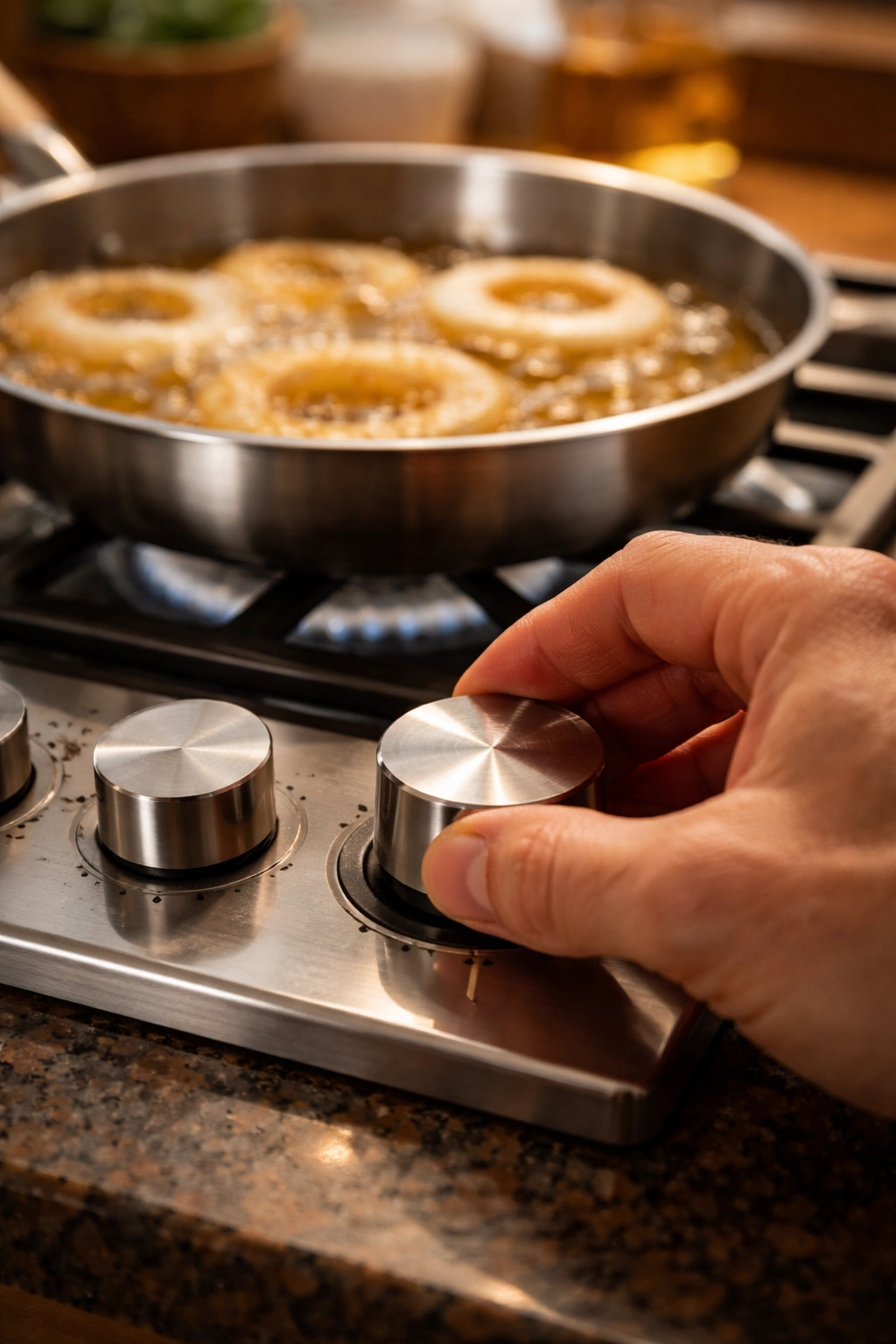 Close-up of stove knob being adjusted with oil pot in background.