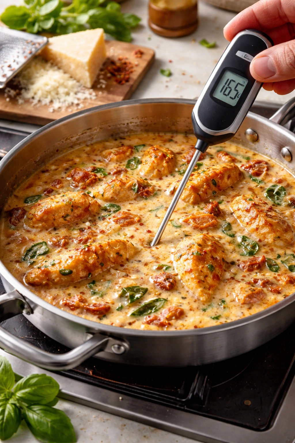 Close-up of a pan with sauce and a thermometer to indicate temperature control for restaurant-quality pasta