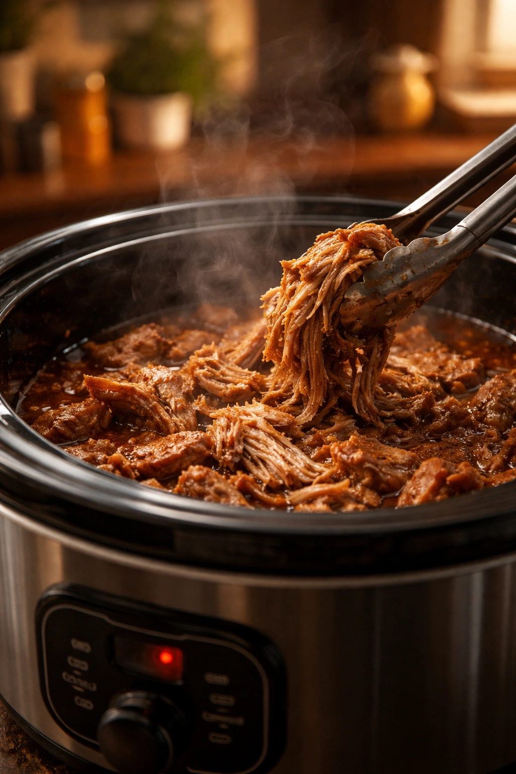 Slow cooker with tender pork inside under warm lighting