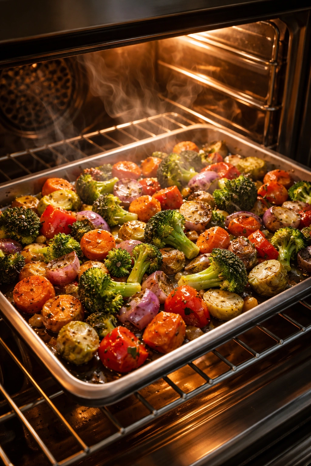 Vegetables roasting on a sheet pan in an oven, browning and steaming, illustrating heat and timing