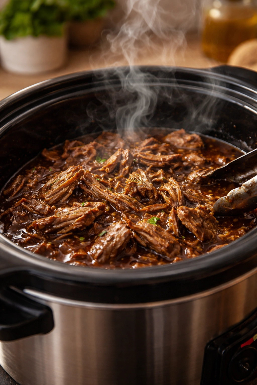 Close-up of tender shredded beef in glossy sauce inside a slow cooker, with steam rising
