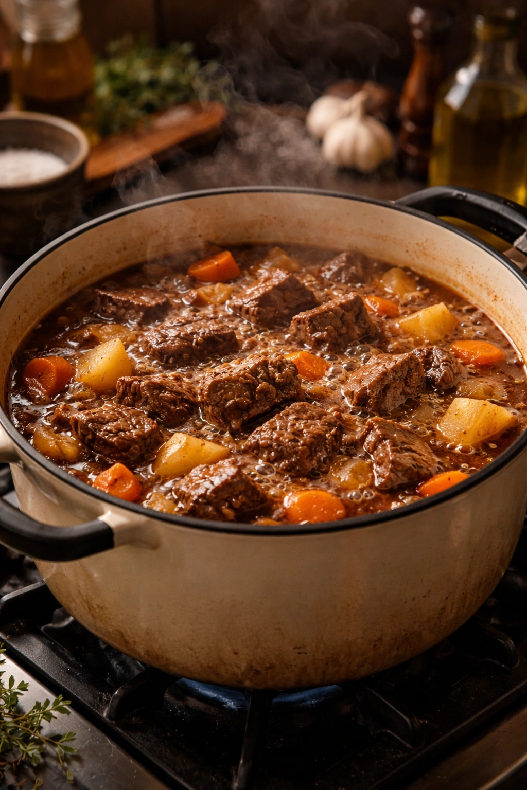 Heavy Dutch oven simmering beef stew to tenderize with slow heat