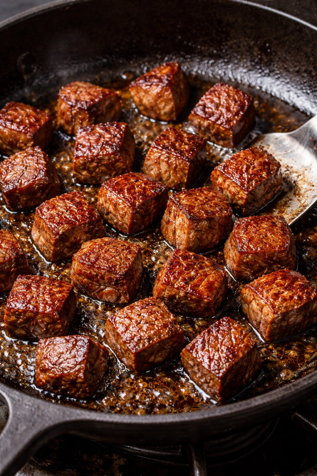 Uniform beef chunks browning in a skillet with a rich crust