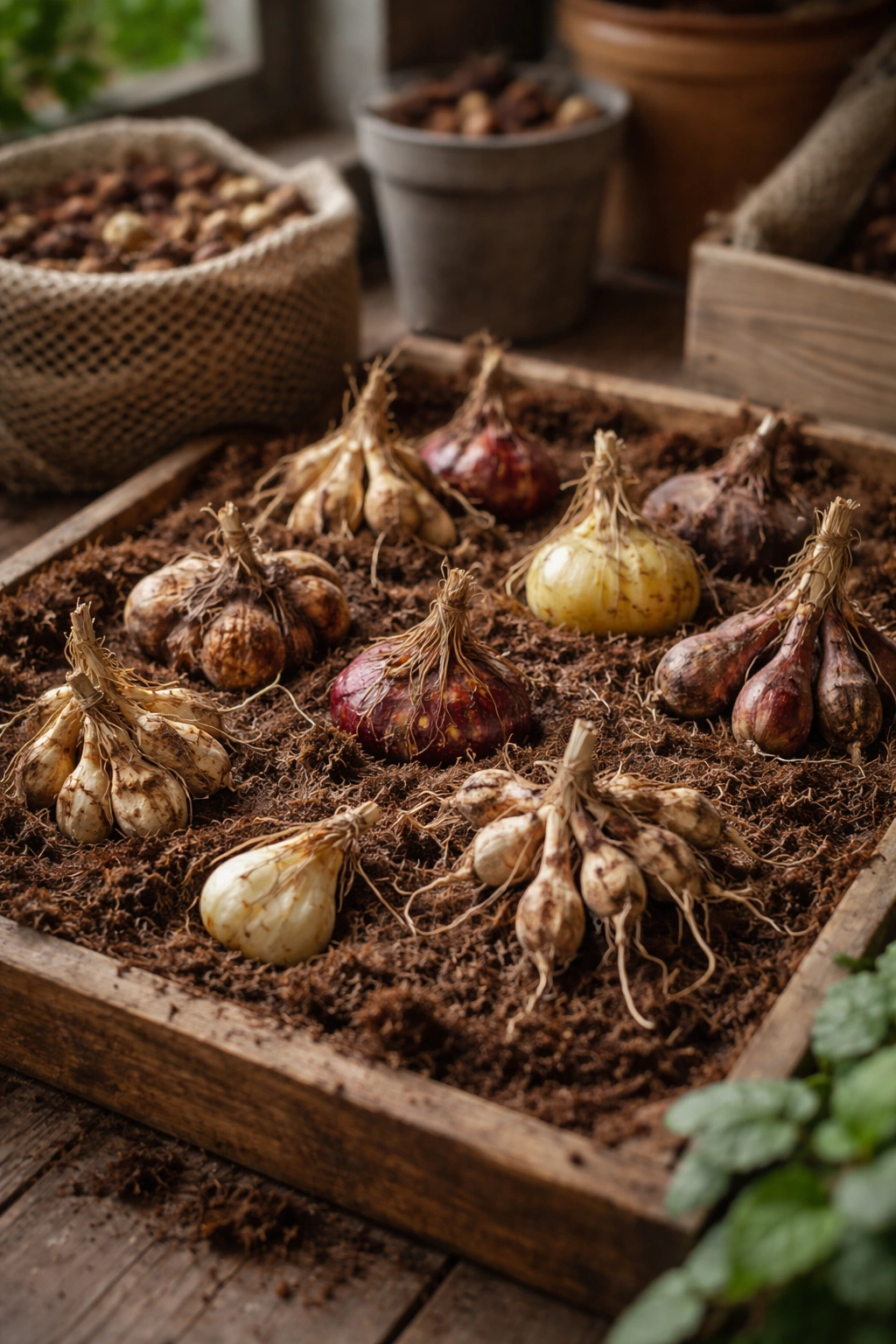 Close-up of cured tender bulbs arranged in a single layer with damp peat moss in a cool dry storage environment