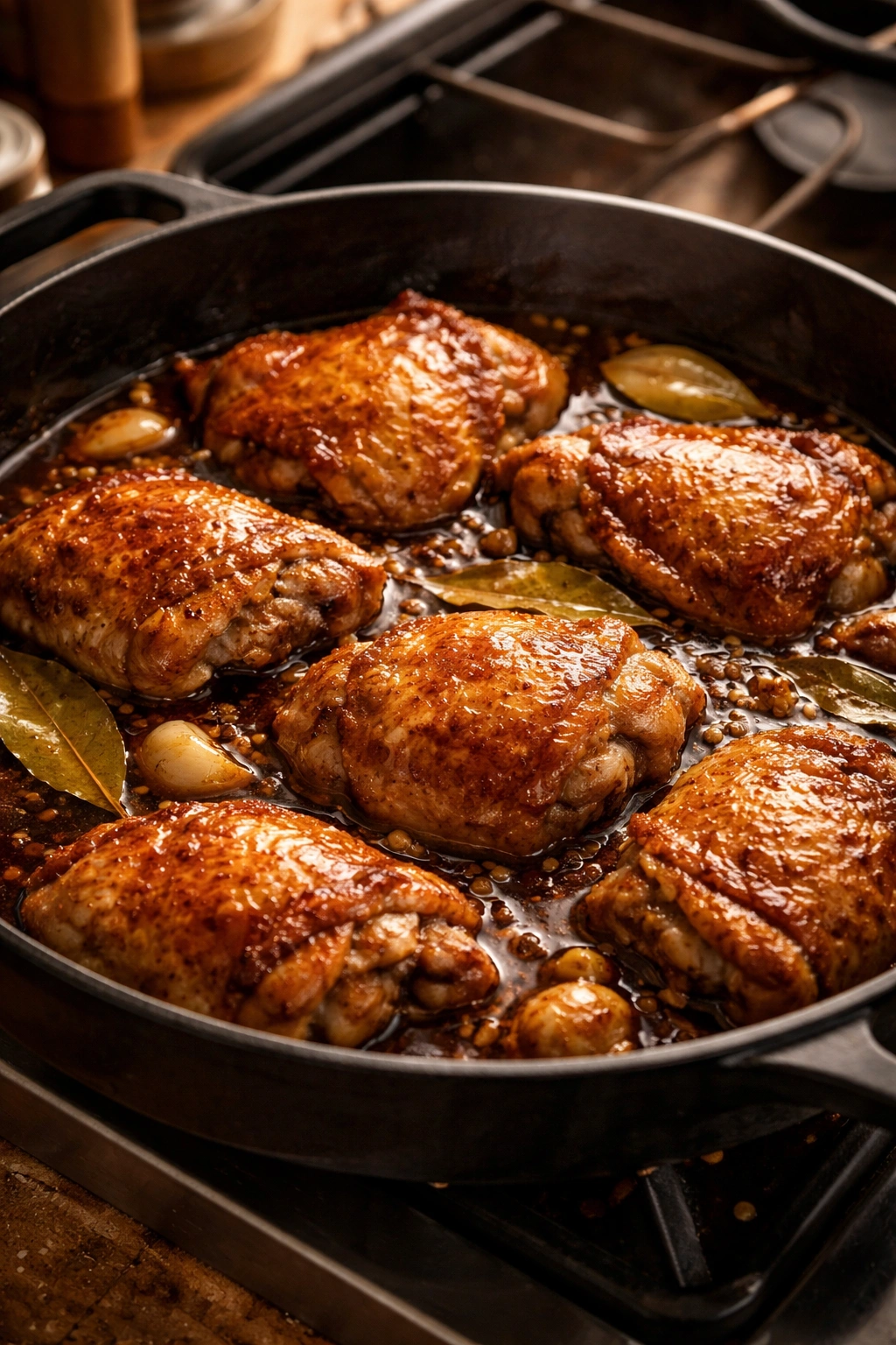 Bone-in skin-on chicken thighs simmering in adobo sauce