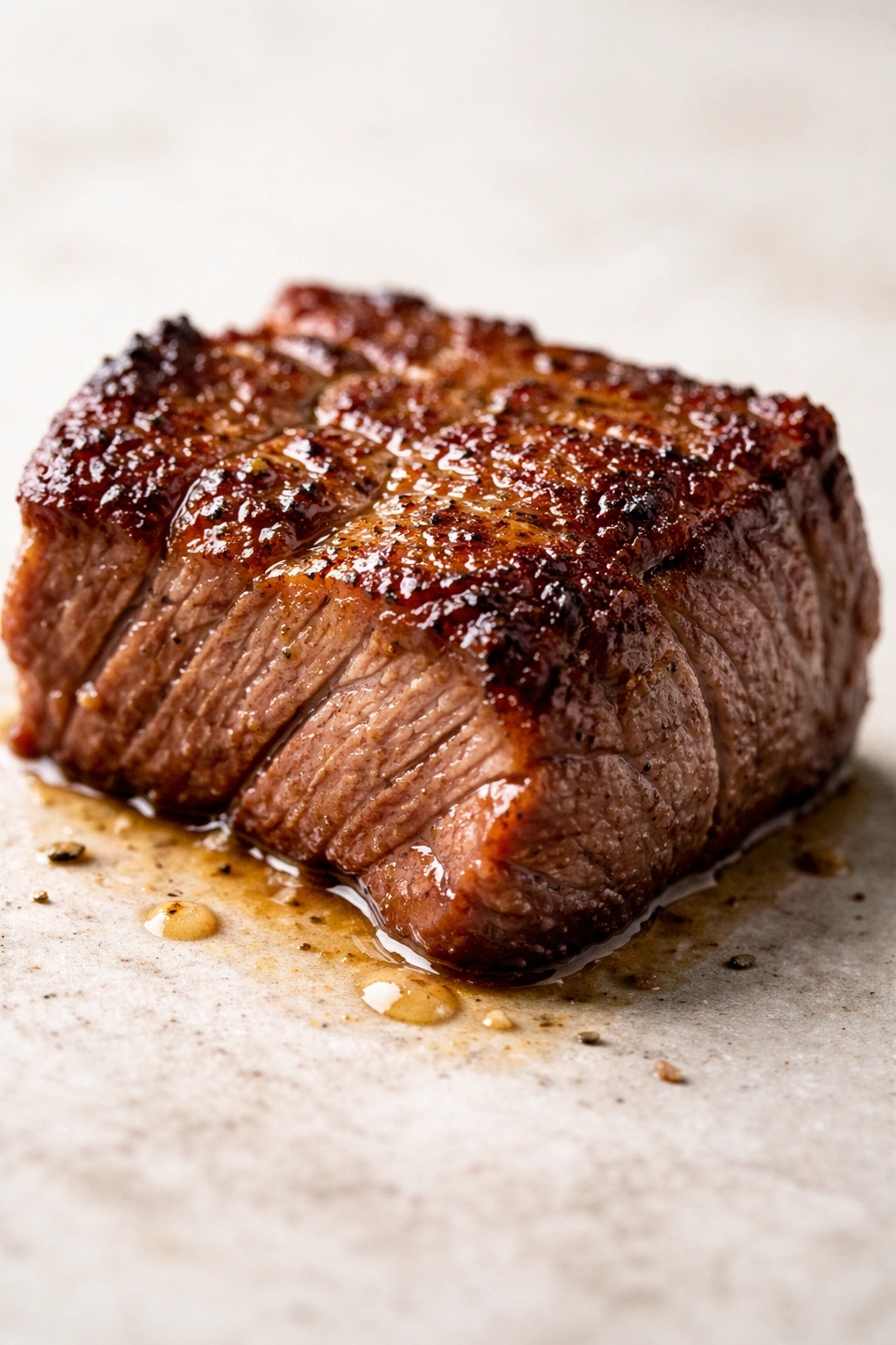 Juicy browned beef crust with golden crust on a plain background