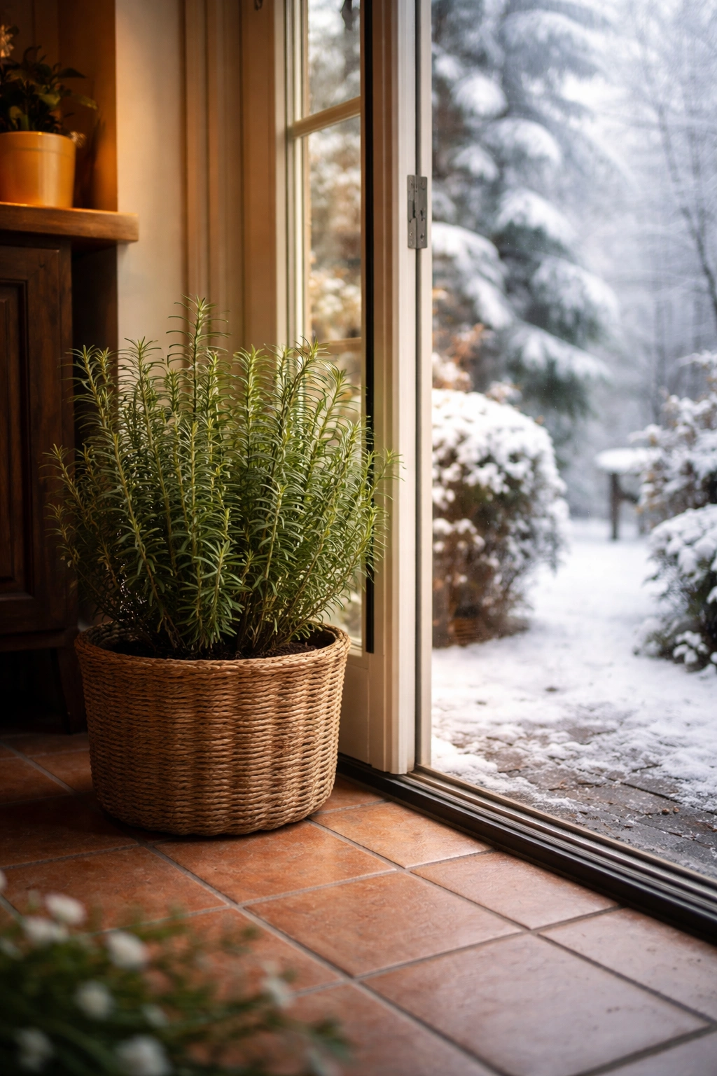 Tender herb near a doorway illustrating indoor-outdoor seasonal placement