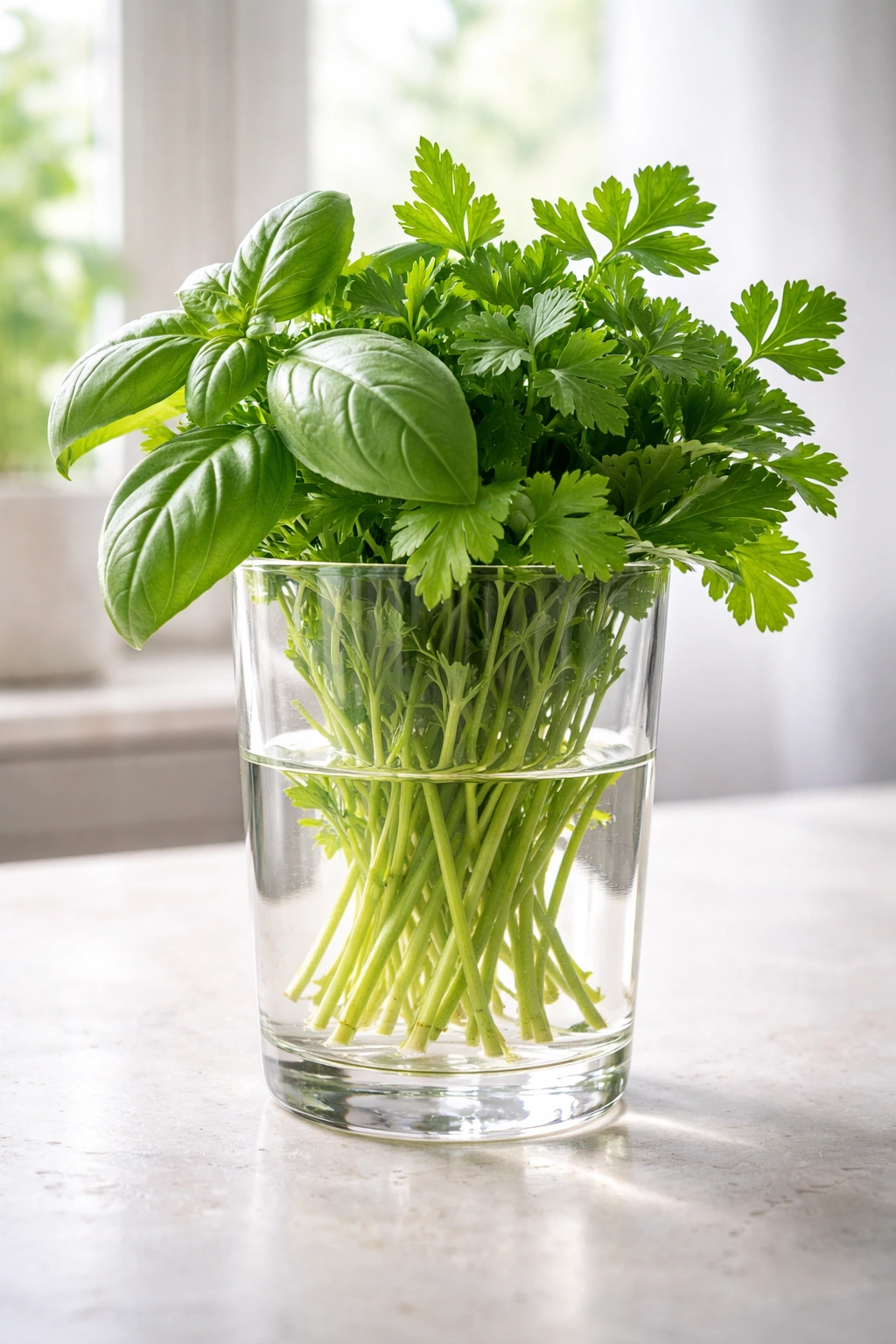 Herbs with stems in water in a glass on a counter.