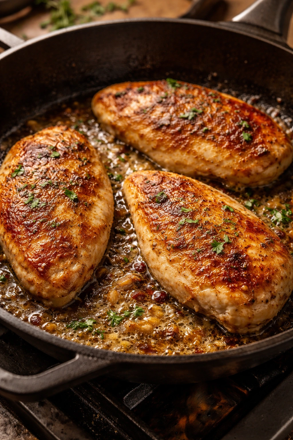 Golden browned chicken breasts in a skillet.
