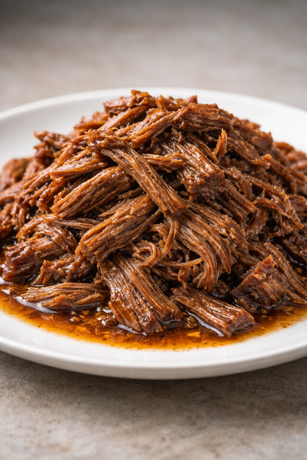 Close-up of tender shredded beef strands on a plate