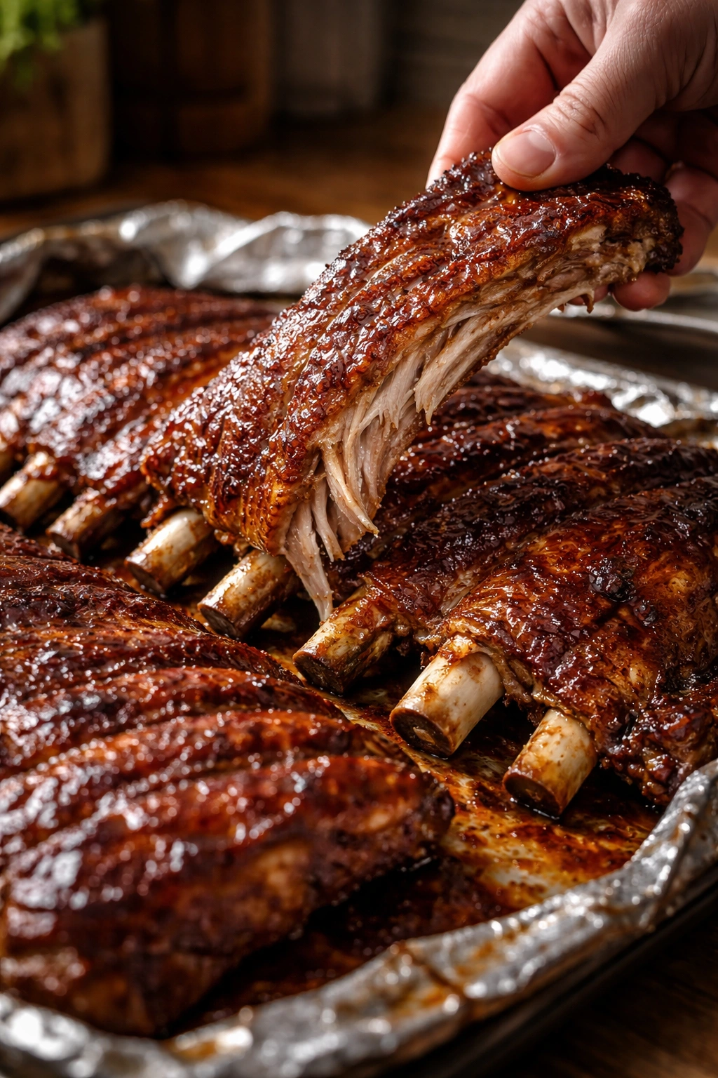 Tender ribs bending slightly to show fall-off tenderness