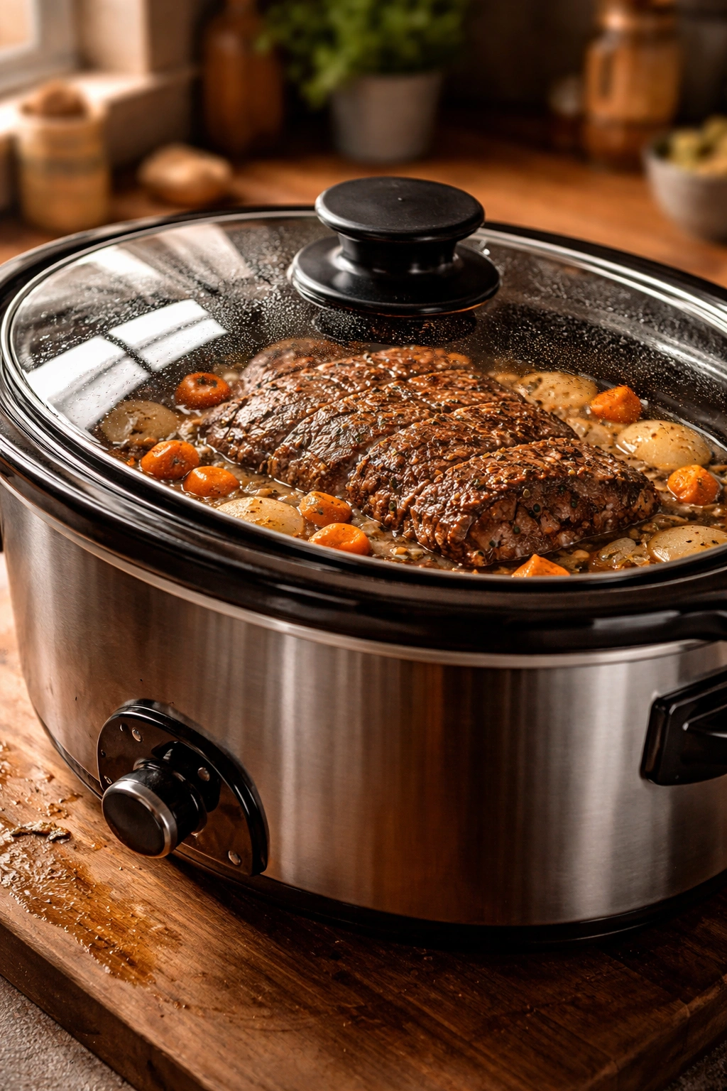 Beef roast in a slow cooker with glass lid for tenderness tips