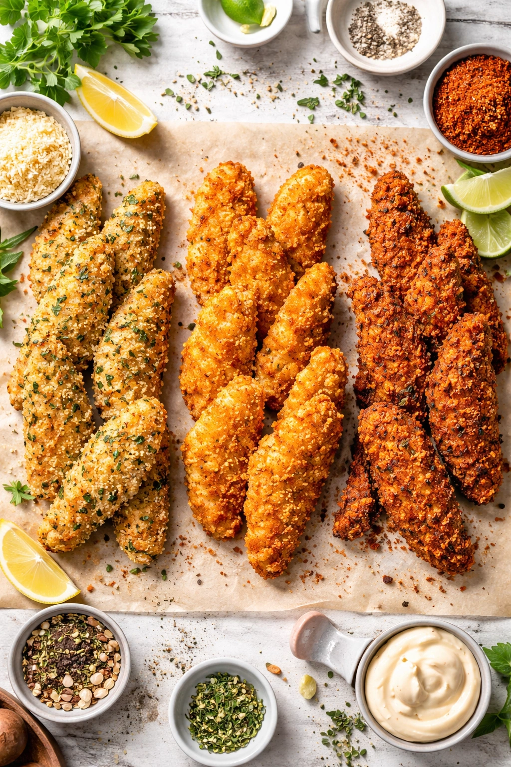 Lineup of chicken tenders with varied crust colors for flavor variations
