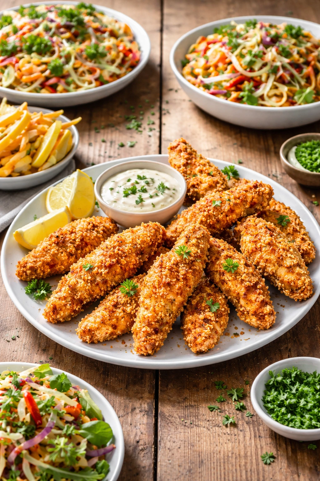 Plate of crispy baked chicken tenders with dipping sauce on wood table