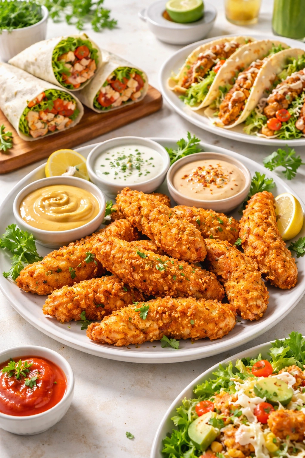 Plate of crispy chicken tenders with dipping sauces suggesting serving ideas