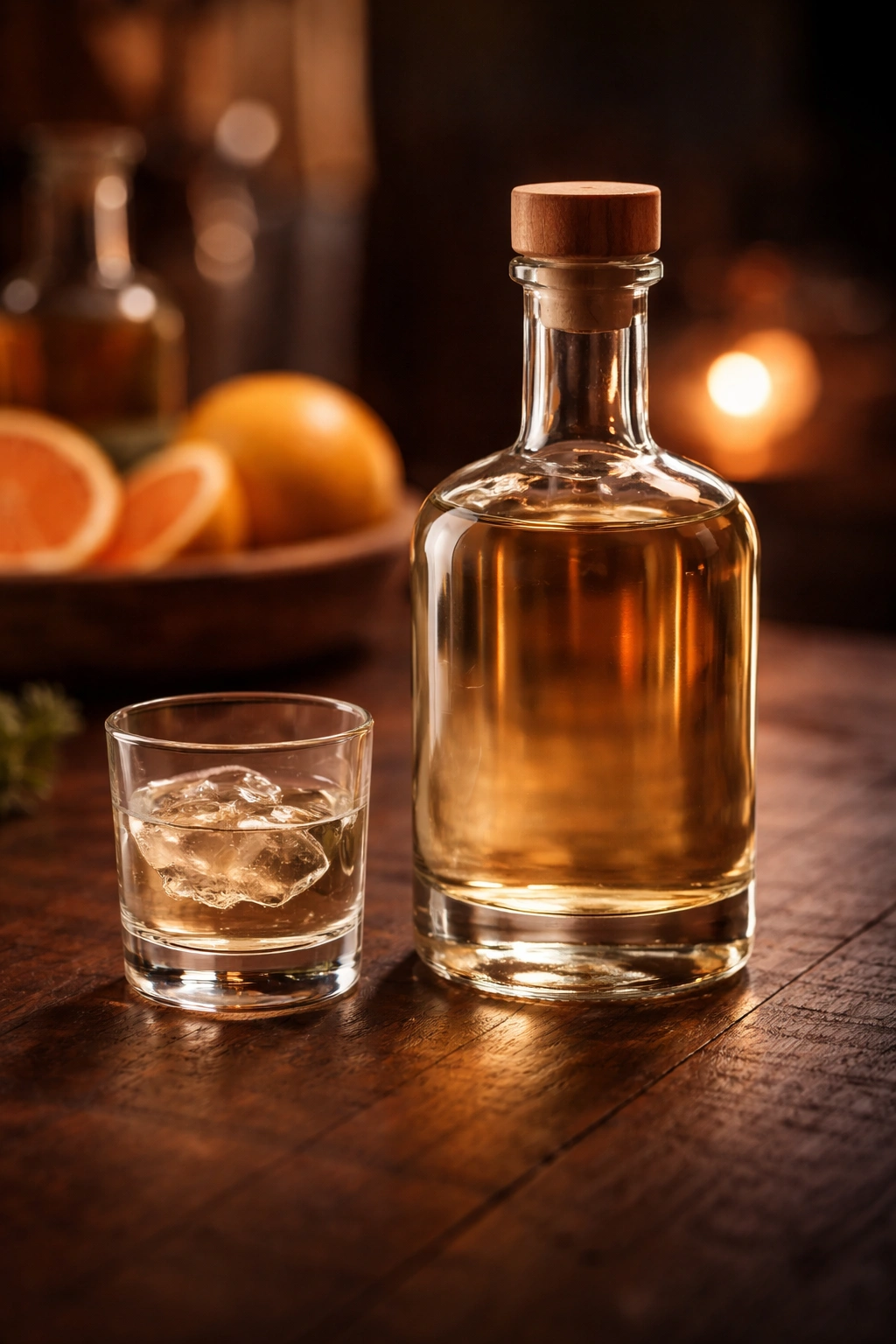 Unlabeled tequila bottle with a glass on dark wood surface