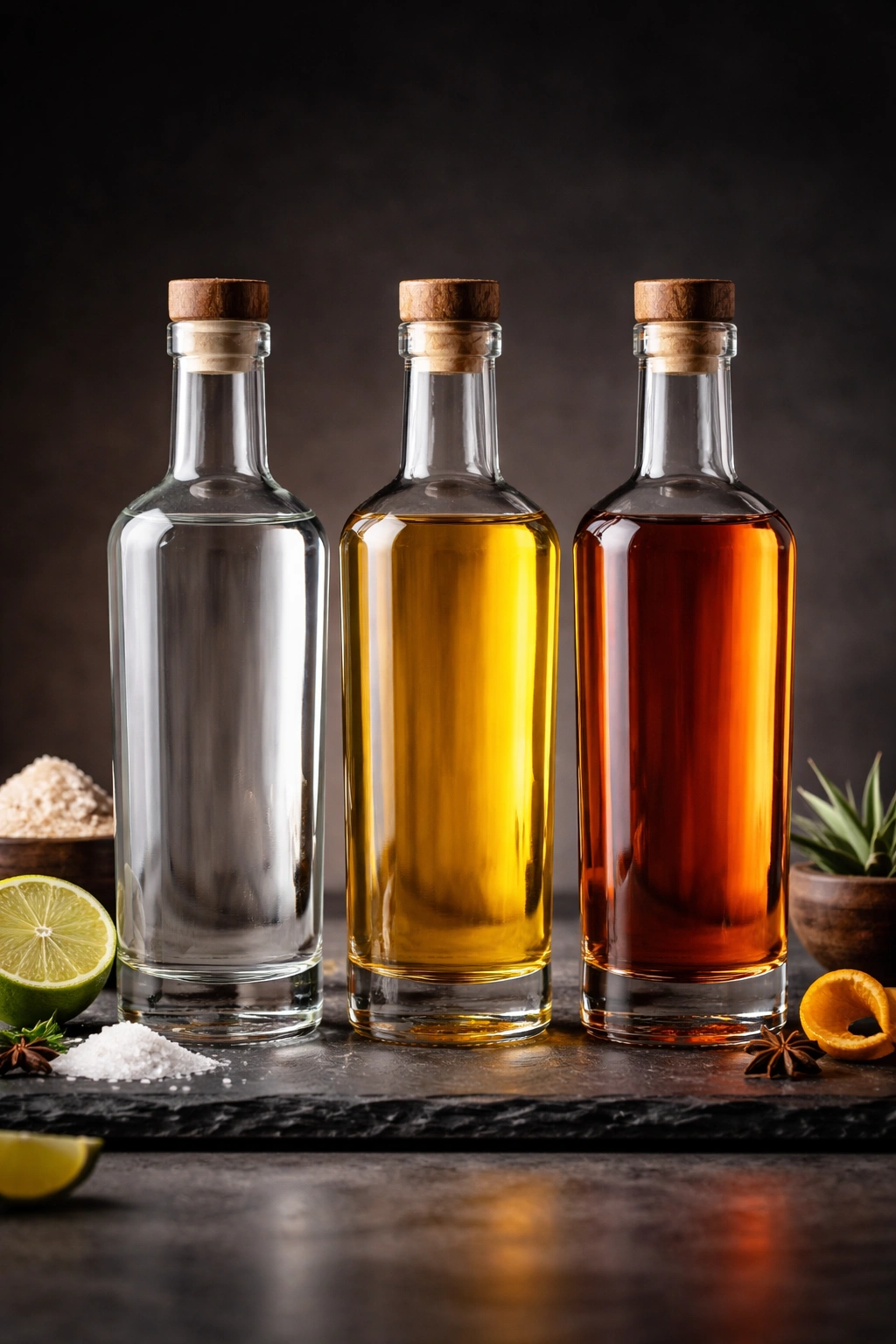 Three tequila bottles showing blanco, reposado, and añejo colors against a dark background