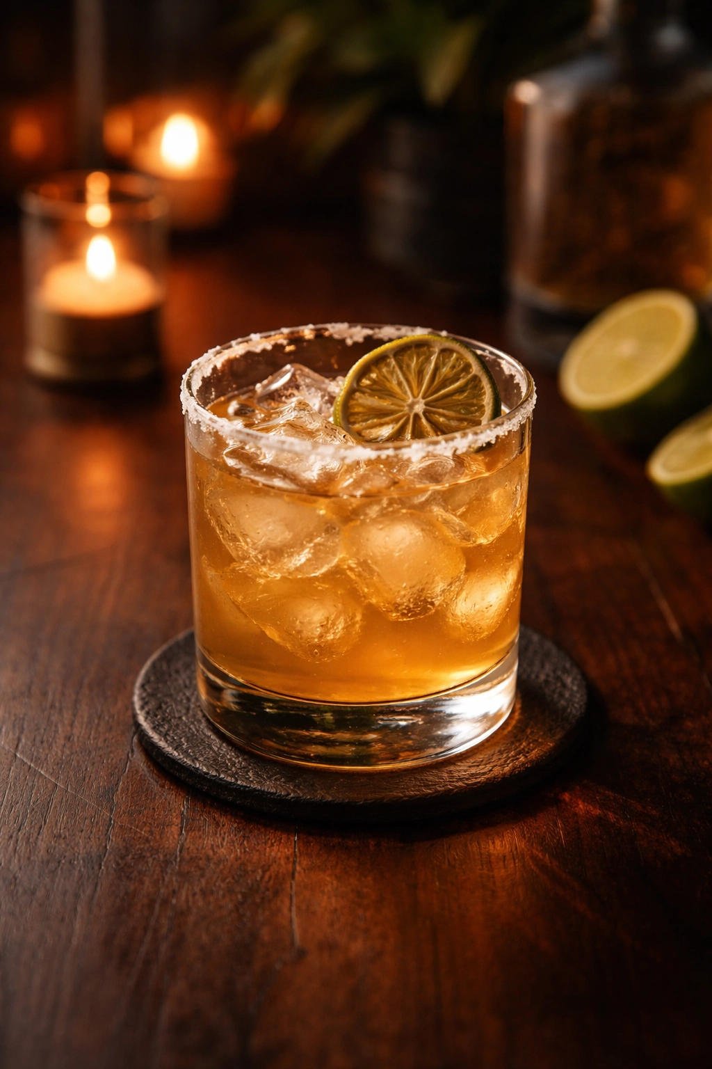 Single tequila cocktail on warm-lit wooden table