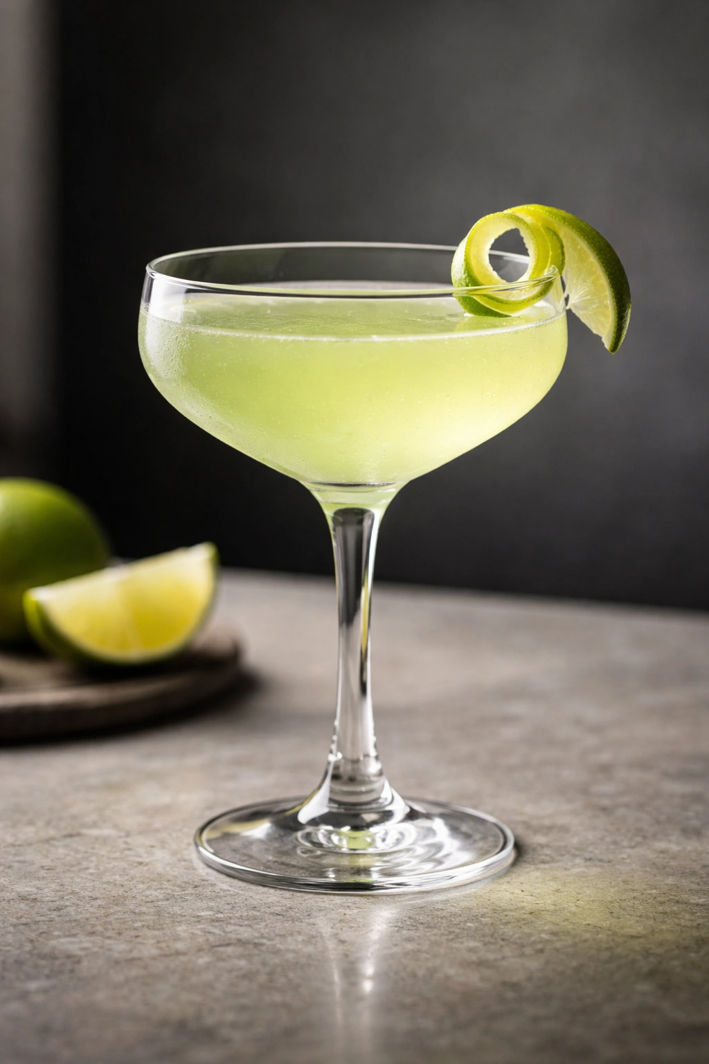 Tequila Gimlet in coupe glass with lime twist