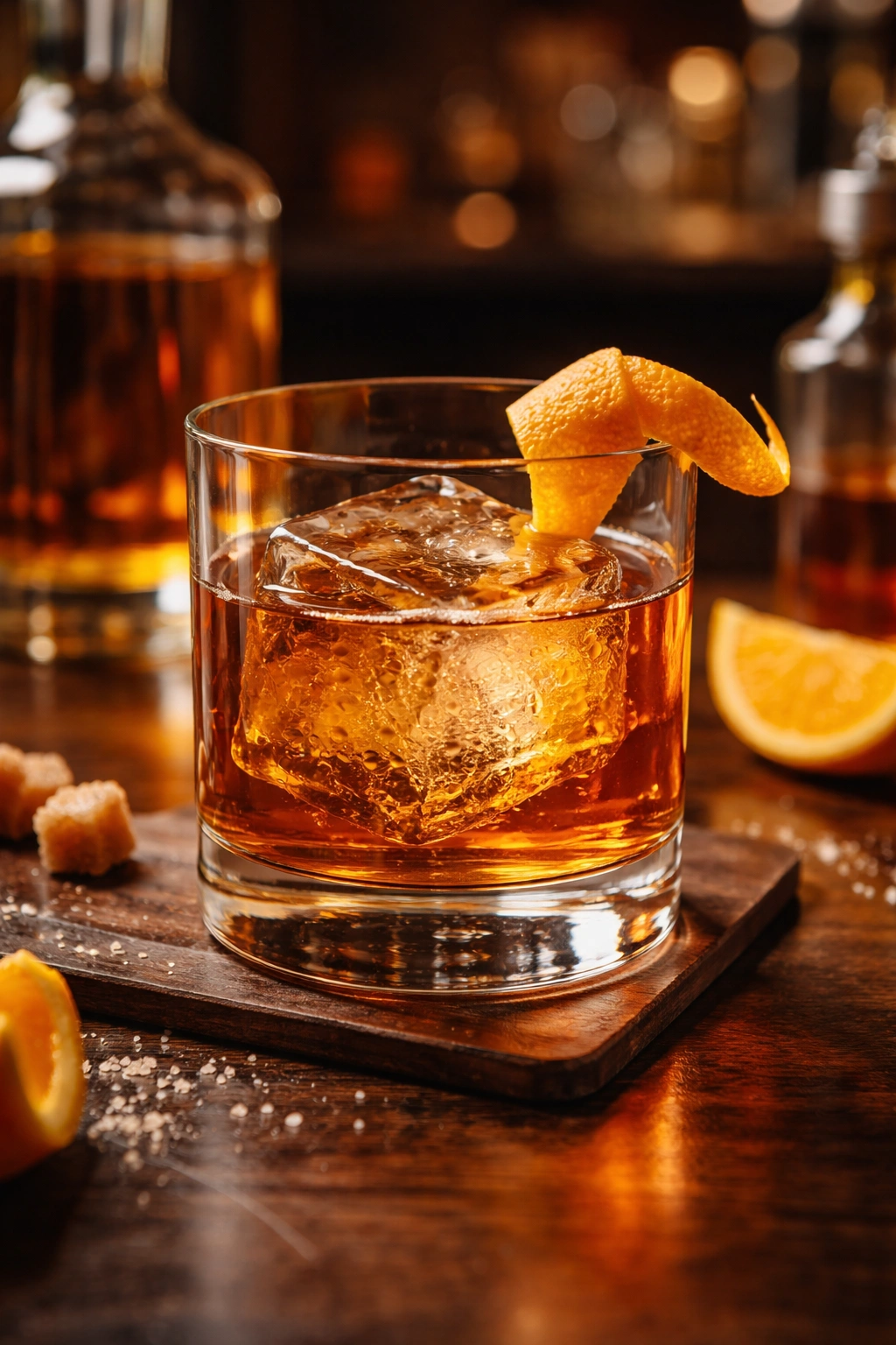 Tequila Old Fashioned in rocks glass with orange peel