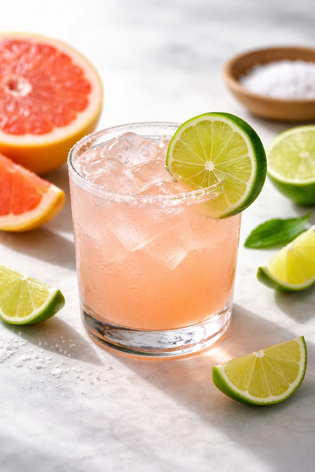 Close-up of tequila paloma with fresh grapefruit and lime garnish