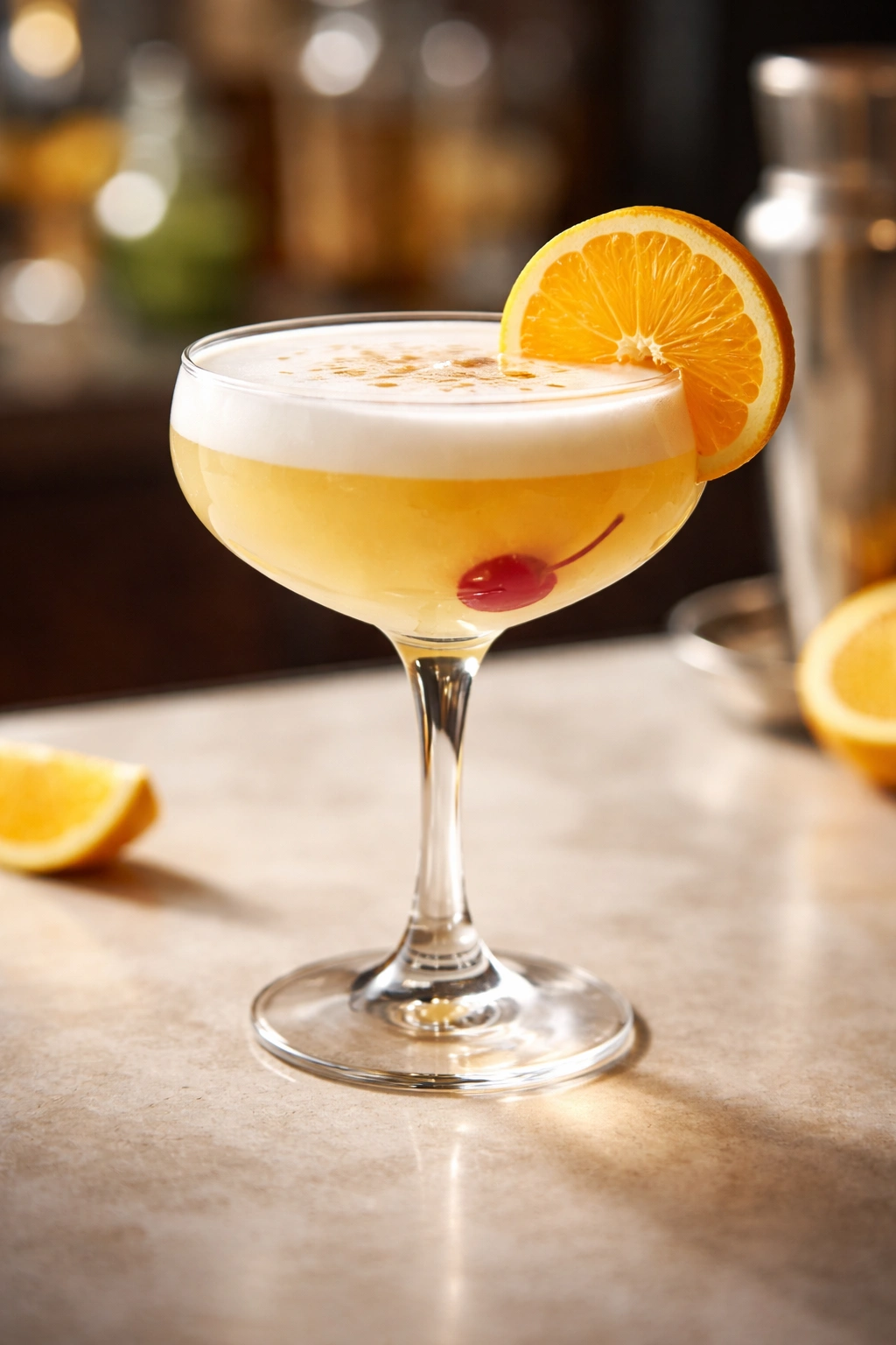 coupe glass with frothy tequila sour, citrus garnish on rim and cherry