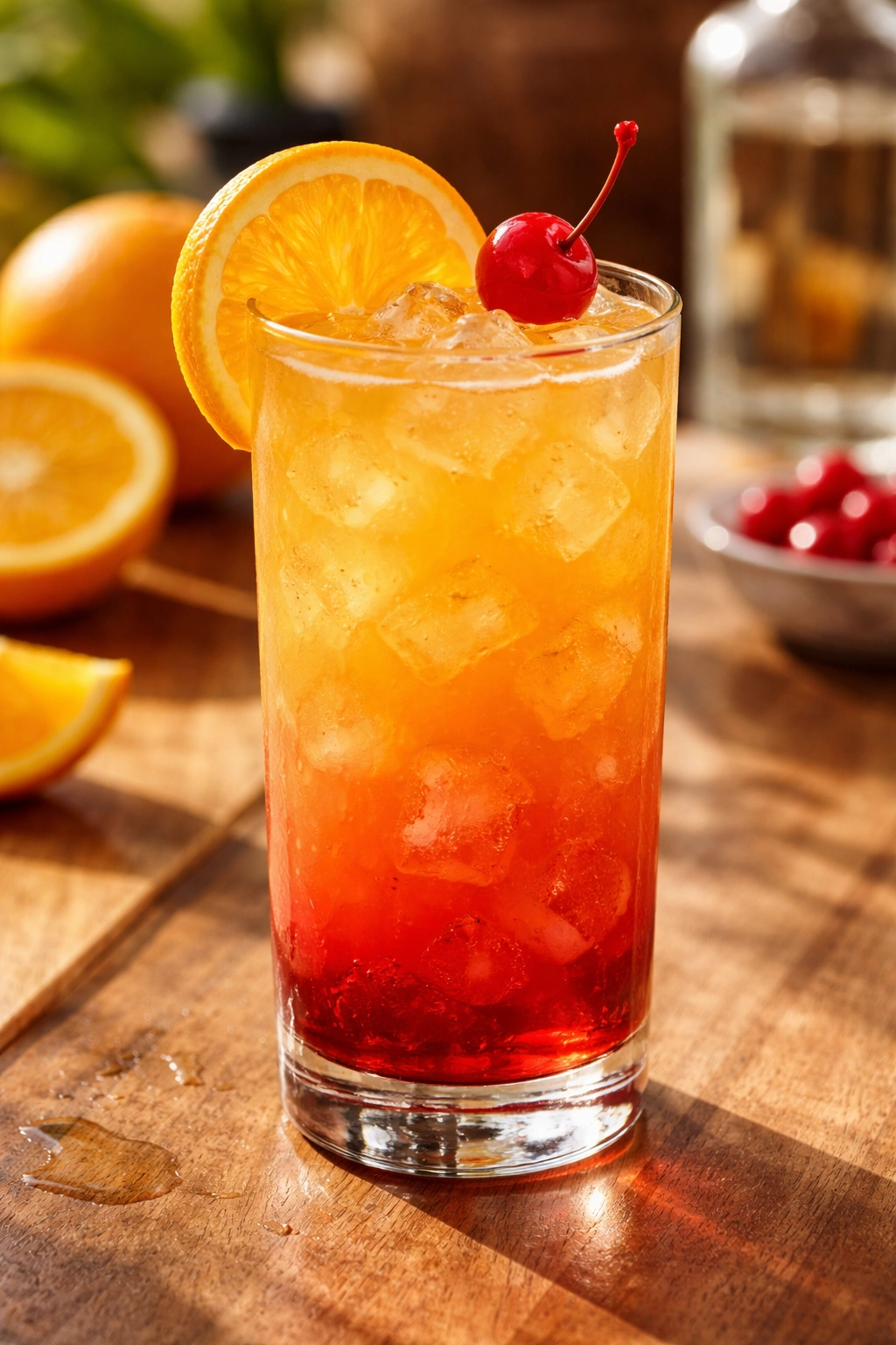 Tequila Sunrise in tall glass with orange and red gradient