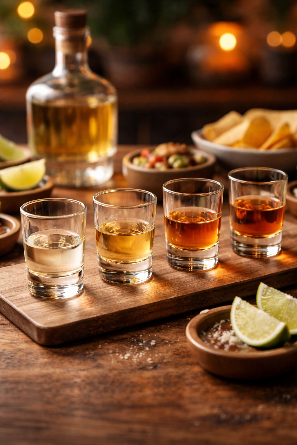 Tasting glasses with different tequila shades on a wooden board, blurred bottle in background