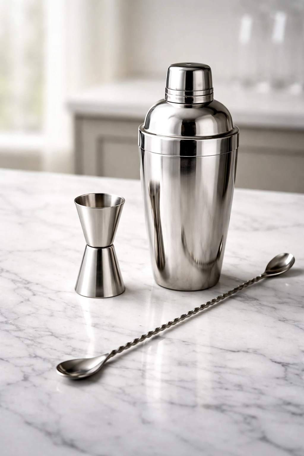 Shaker, jigger, and bar spoon arranged on marble bar for tequila drinks