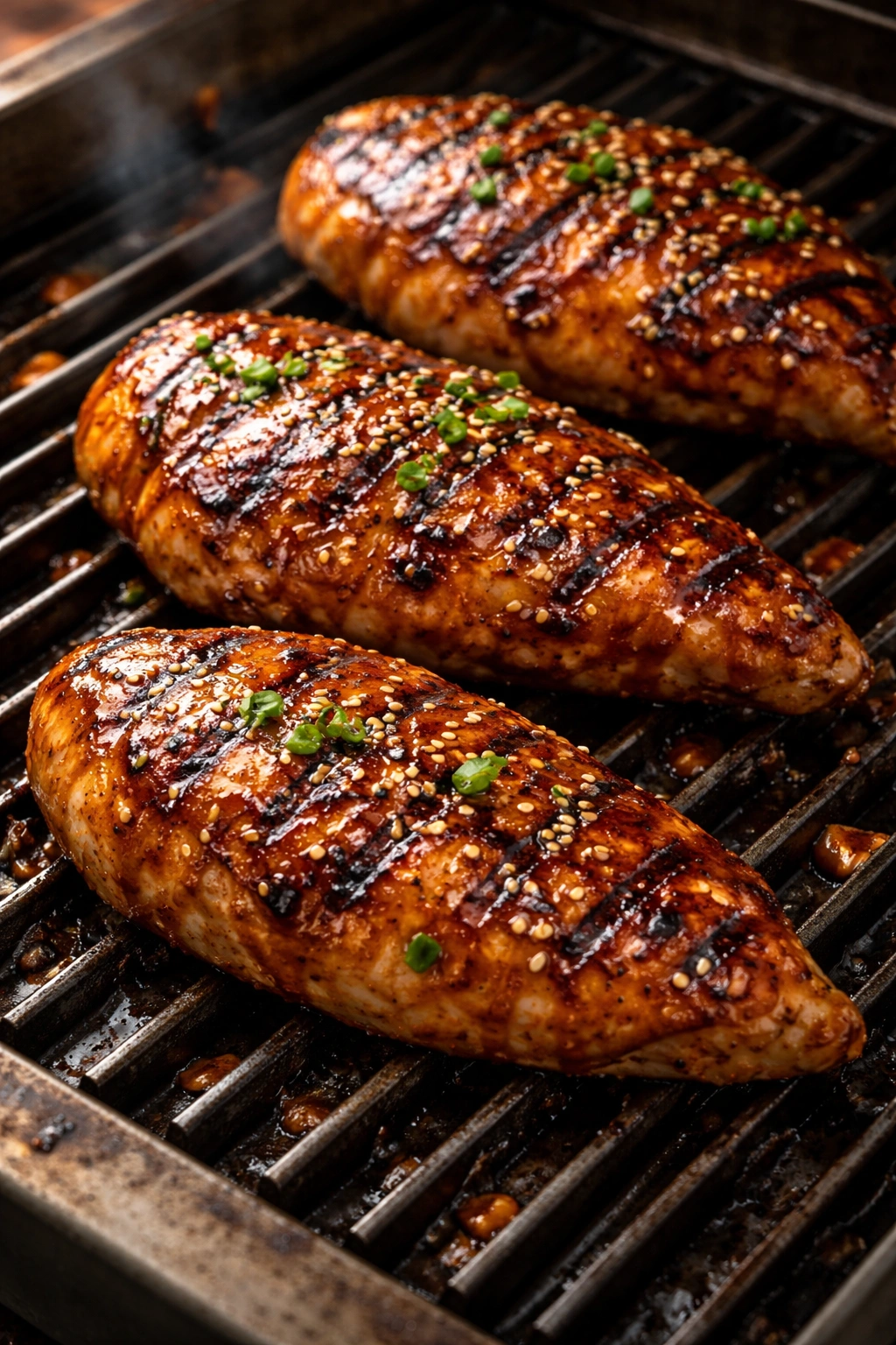 Grilled teriyaki glazed chicken breast on a dark surface