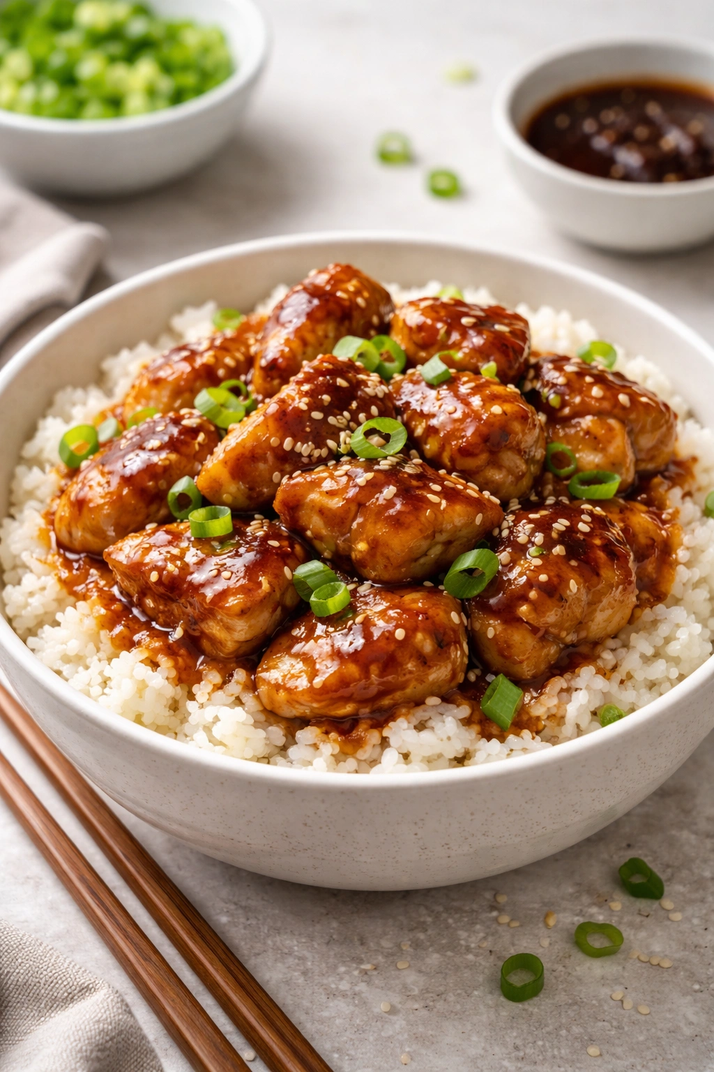 Teriyaki glazed chicken over rice in a bowl