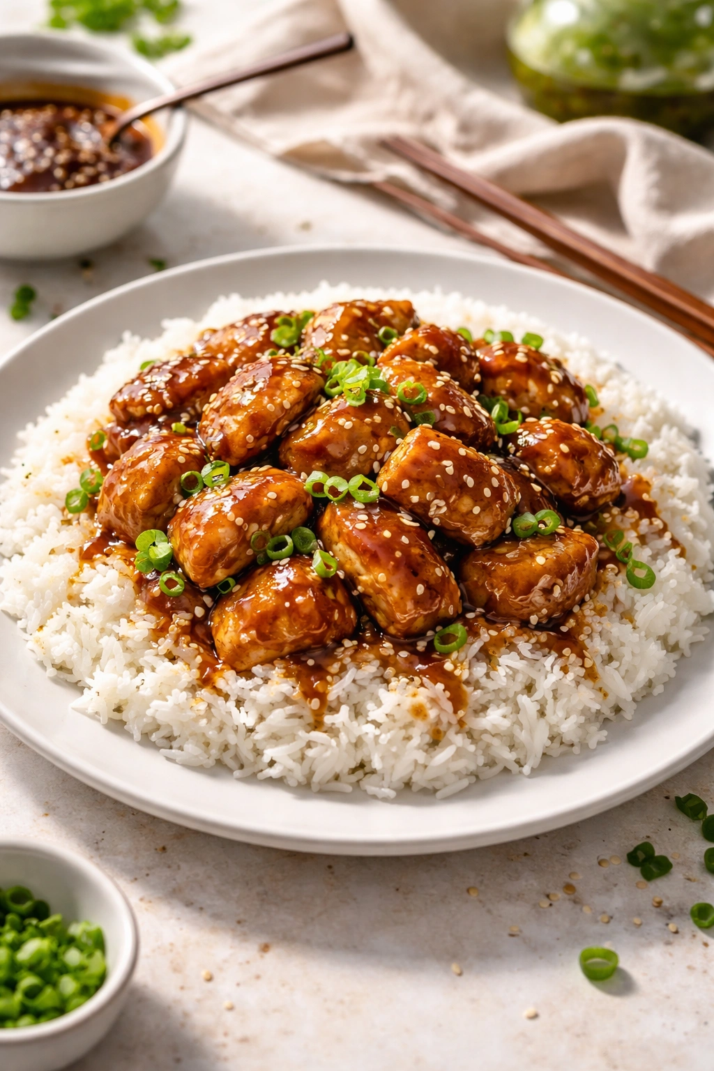Plate of teriyaki chicken over white rice with glossy sauce